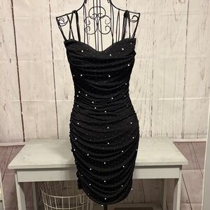Windsor Elegant Black Ruched Dress with Pearls